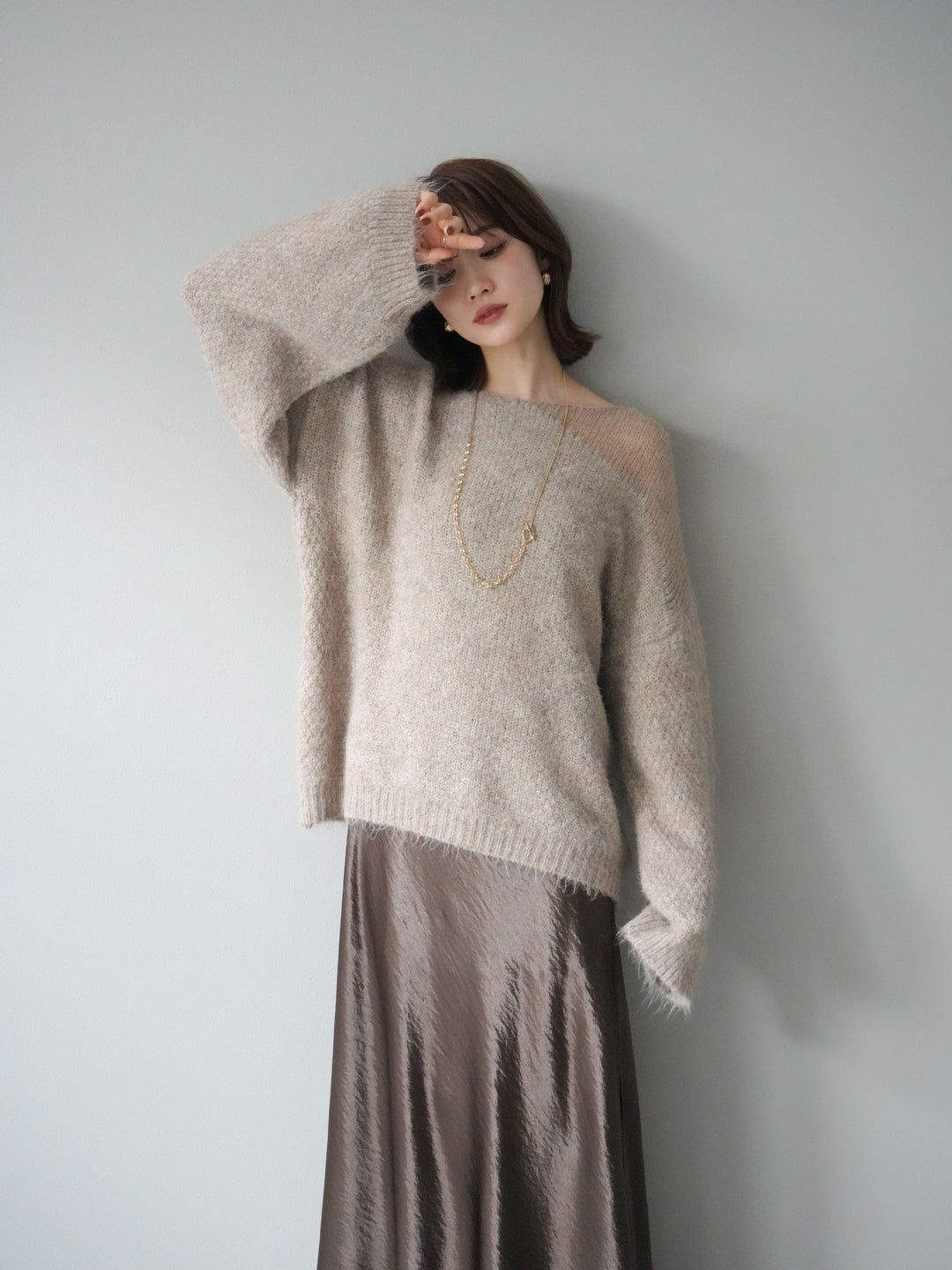 [予約]ネック透かし編みニットプルオーバー/ベージュ