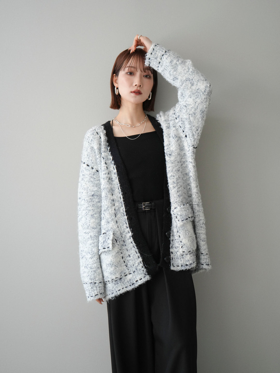 [SET]ブークレハンドステッチニットカーディガン+ベルトループデザインワイドパンツ(2set)