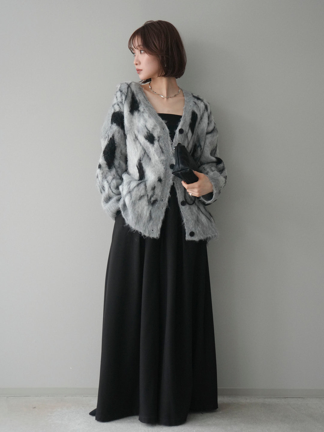 [予約]アーガイル柄シャギーニットカーディガン/gray