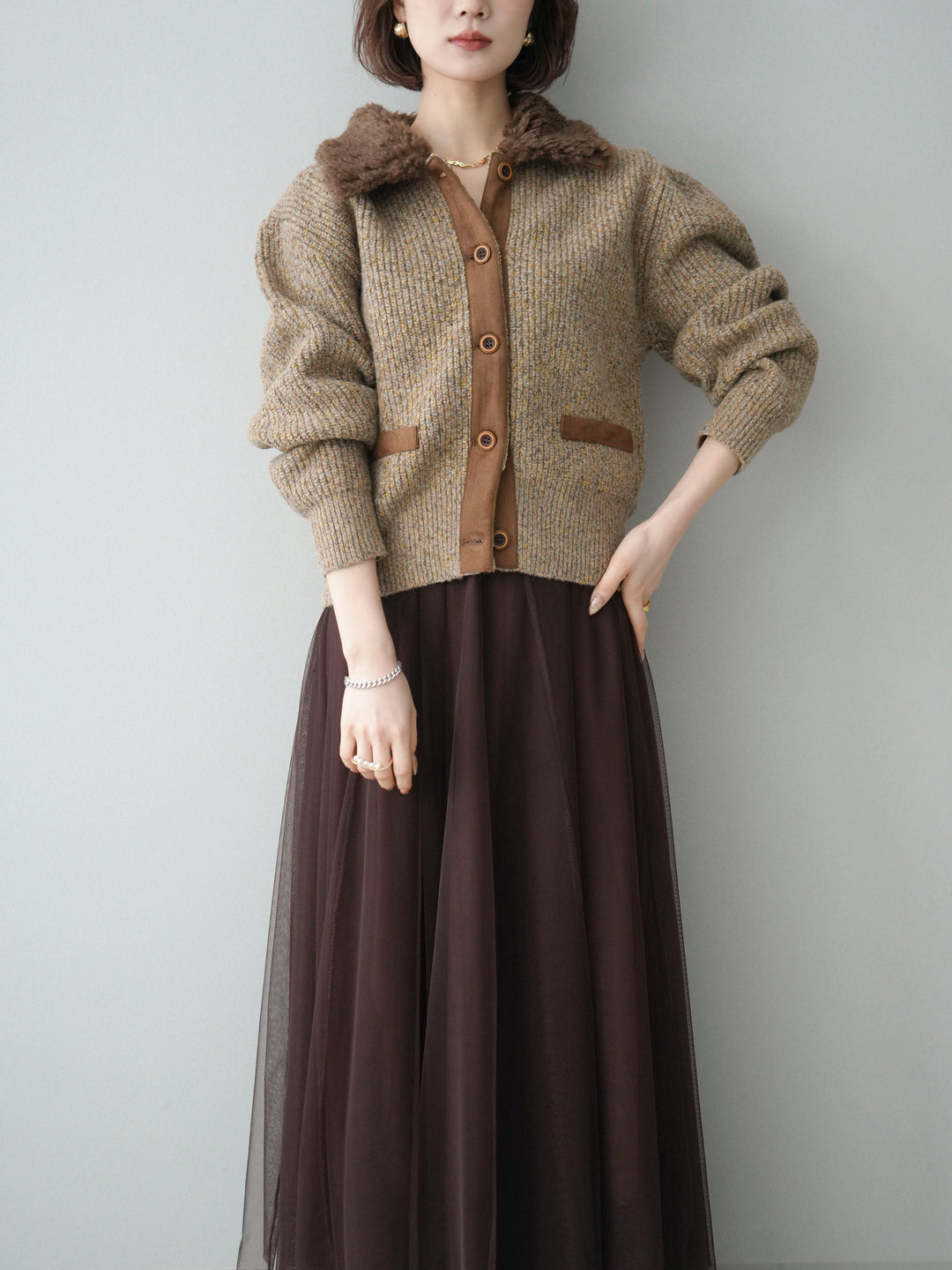 [SET]襟ボアミックスヤーンニットカーディガン+選べるアクセセット(2set)