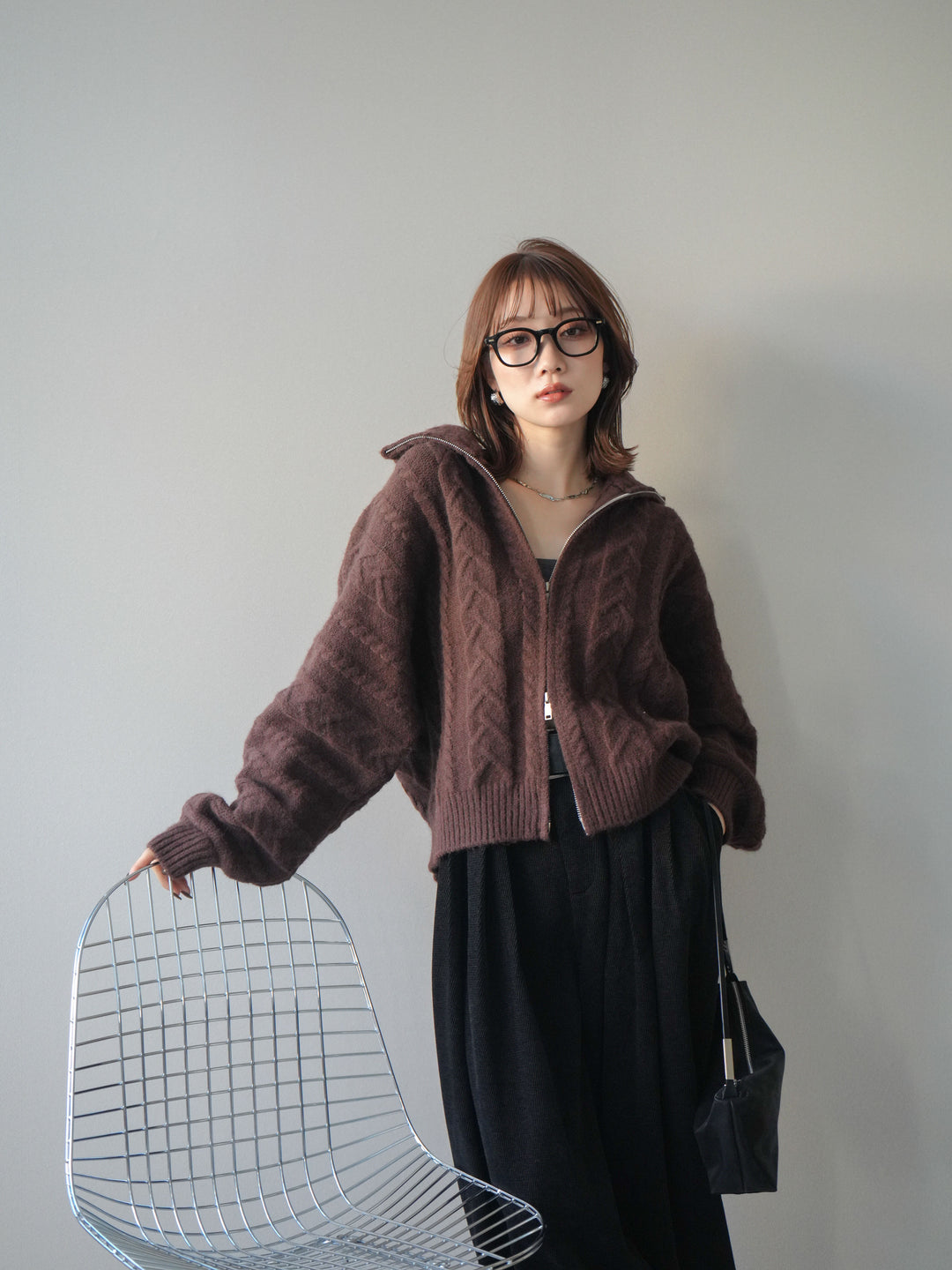 [SET]ケーブル編みハイネックZIPニットカーディガン+ケーブル編みハイネックZIPニットカーディガン(2set)