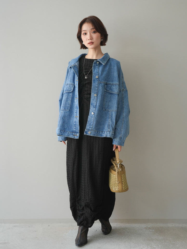 [SET]シャーリングジャガードノースリーブワンピース+ルーズシルエットデニムジャケット(2set)
