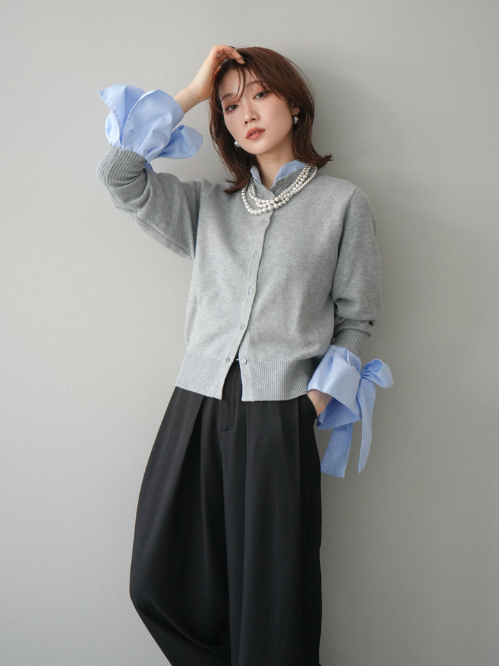[予約]ウールライクリボンシャツカーディガン/gray