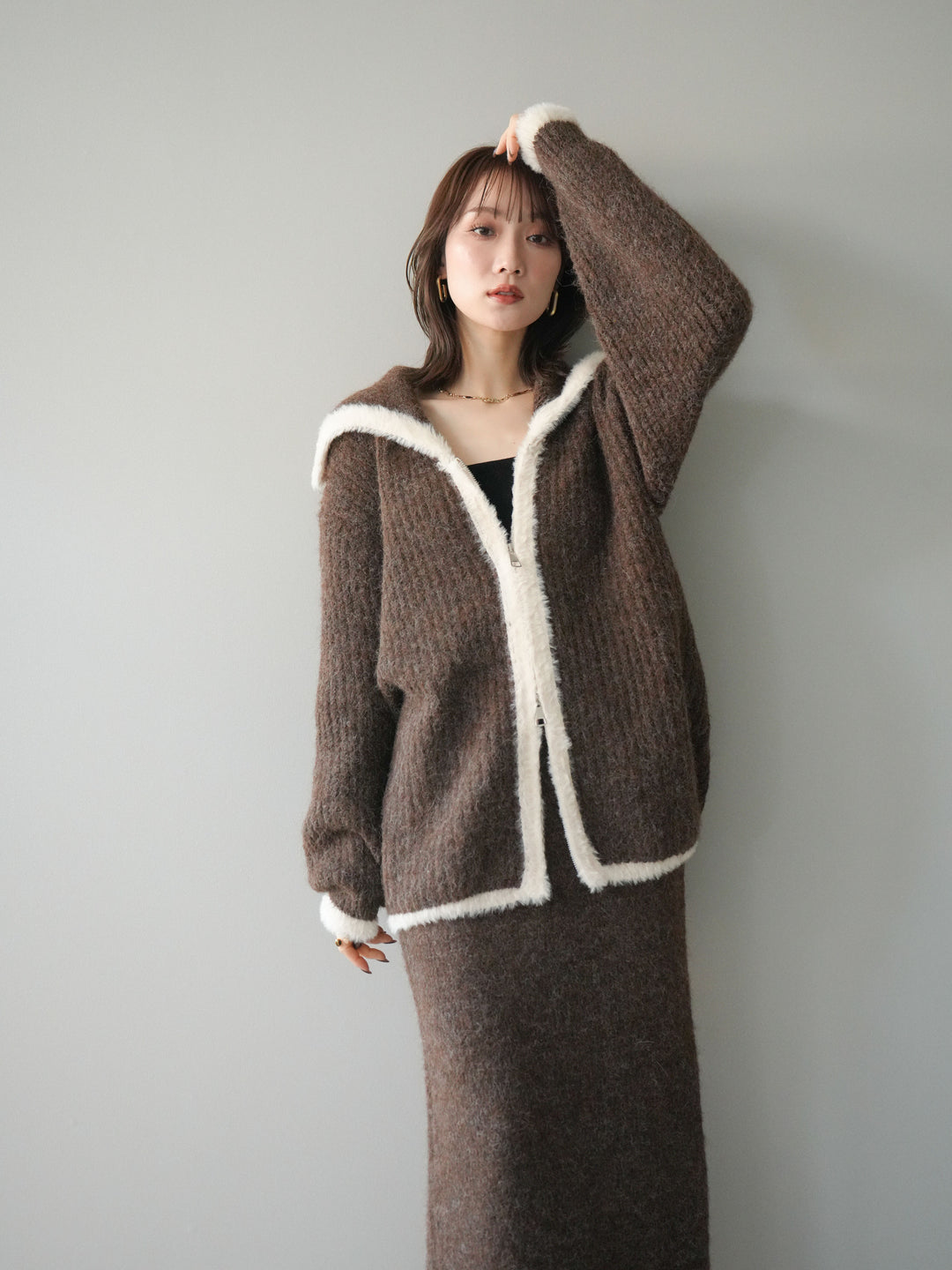 [SET]襟付き配色シャギーニット＆ロングスカートSET UP(2set)