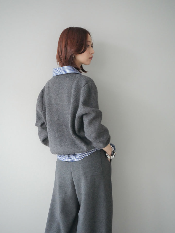 [SET]チェックシャツ襟ニットカーディガン+編み込みベルト付きウエスト配色スエットパンツ(2set)