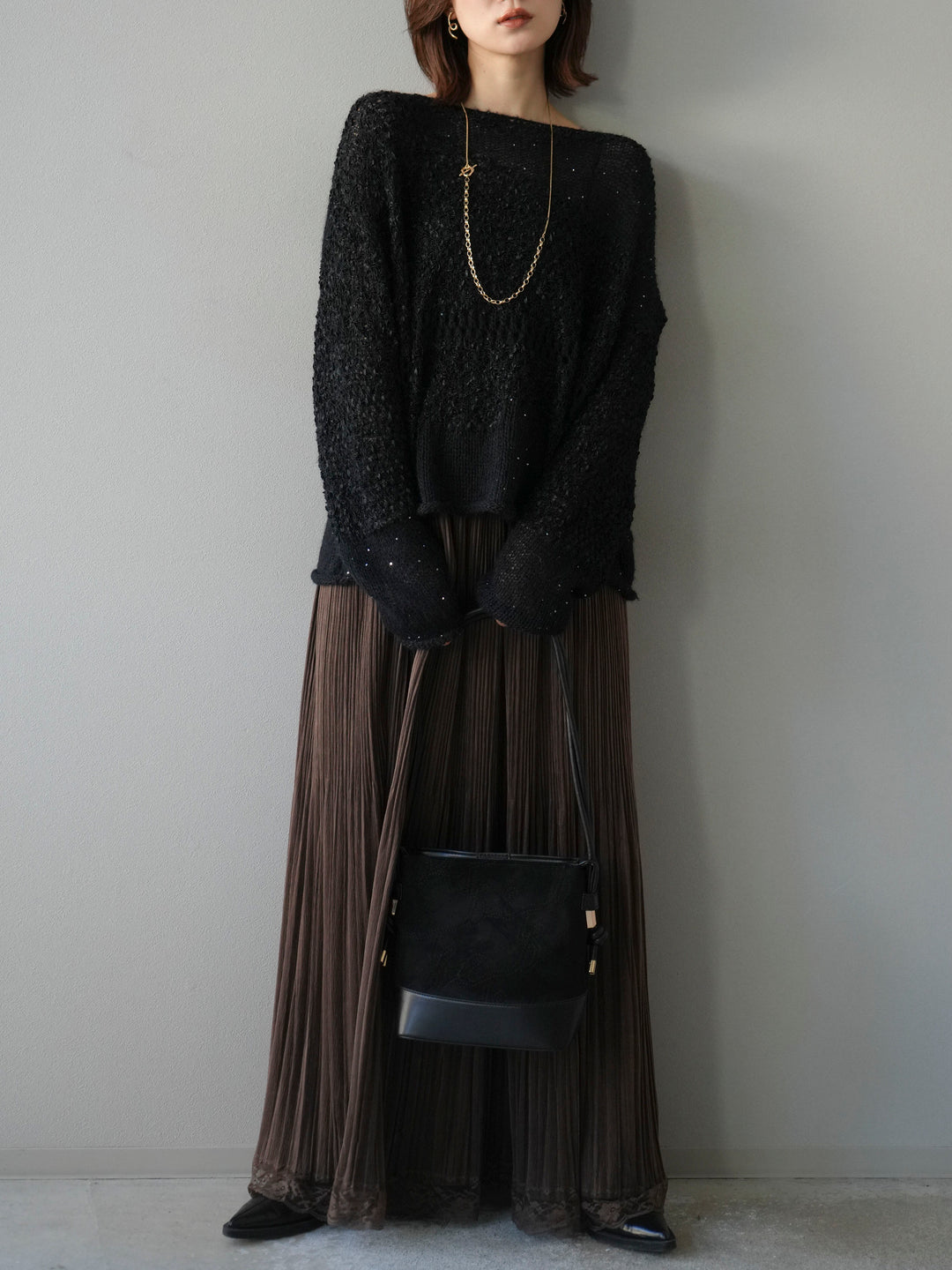 [予約]ミックスヤーンデザイン編みメッシュニットプルオーバー/ブラック