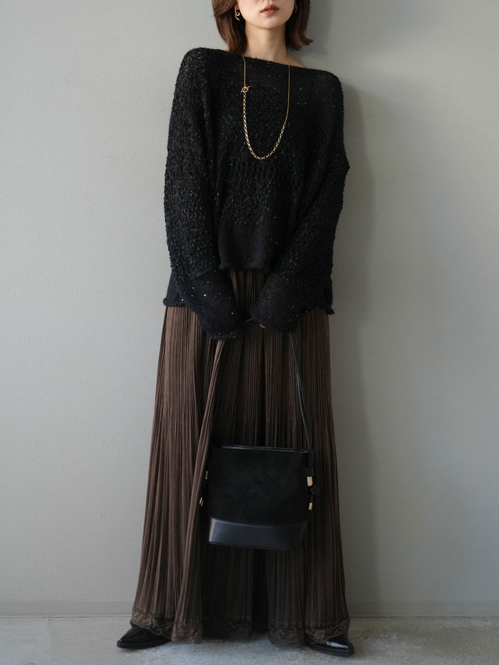 [予約]ミックスヤーンデザイン編みメッシュニットプルオーバー/ブラック