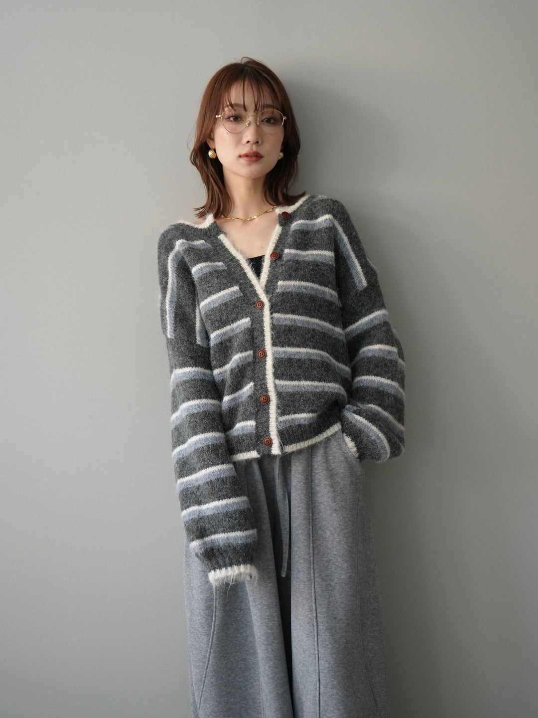 [SET]ウールタッチ配色ボーダーニットカーディガン+ウエストベルトカーブラインスエットパンツ(2set)