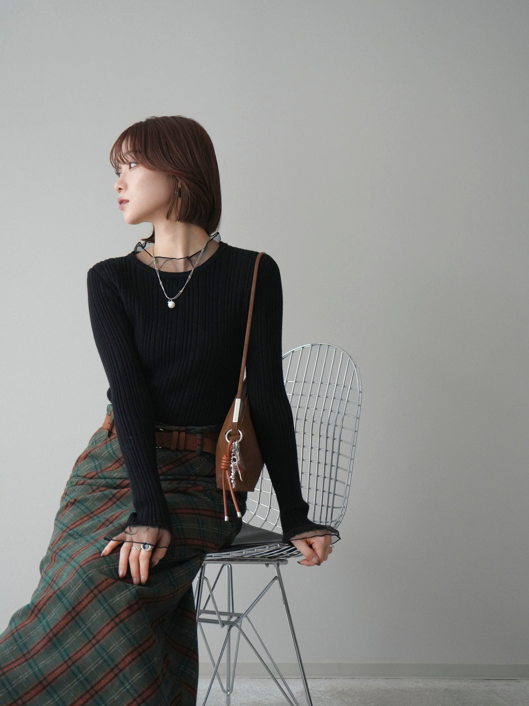 [SET]チュールドッキングリブニットトップス+ベルト付チェック柄ナロースカート(2set)