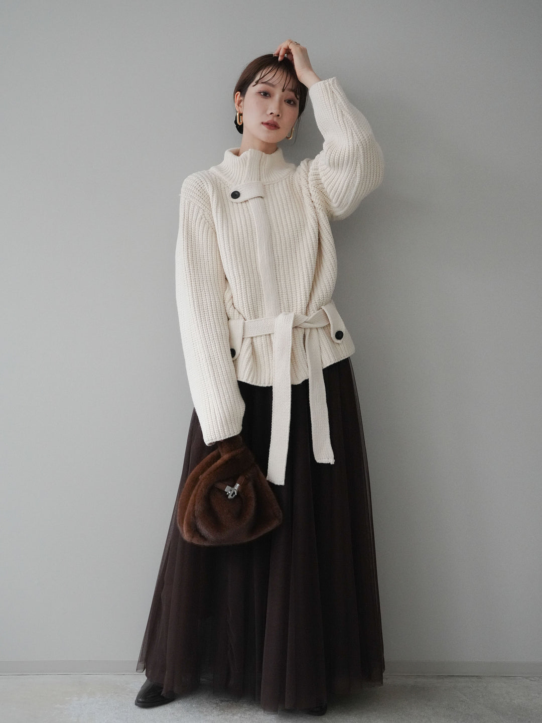 [SET]畦編みボトルネックZIPニットカーディガン+チュールボリュームスカート(2set)