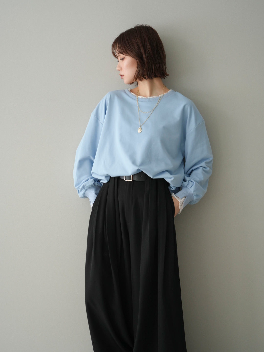 [予約]袖レースカットバルーンプルオーバー/sax