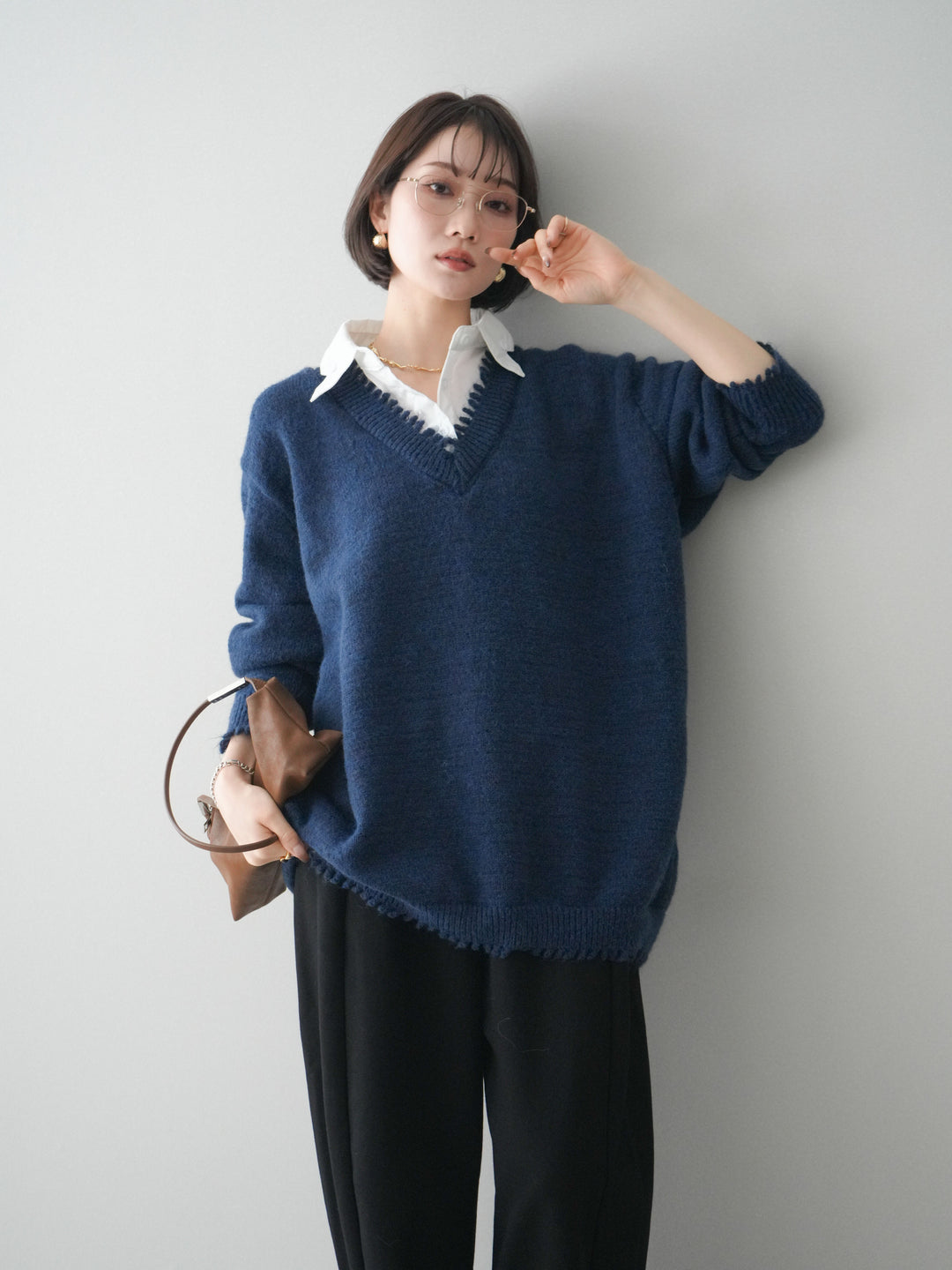 [予約]シャツドッキングVネックフリンジニットプルオーバー/navy