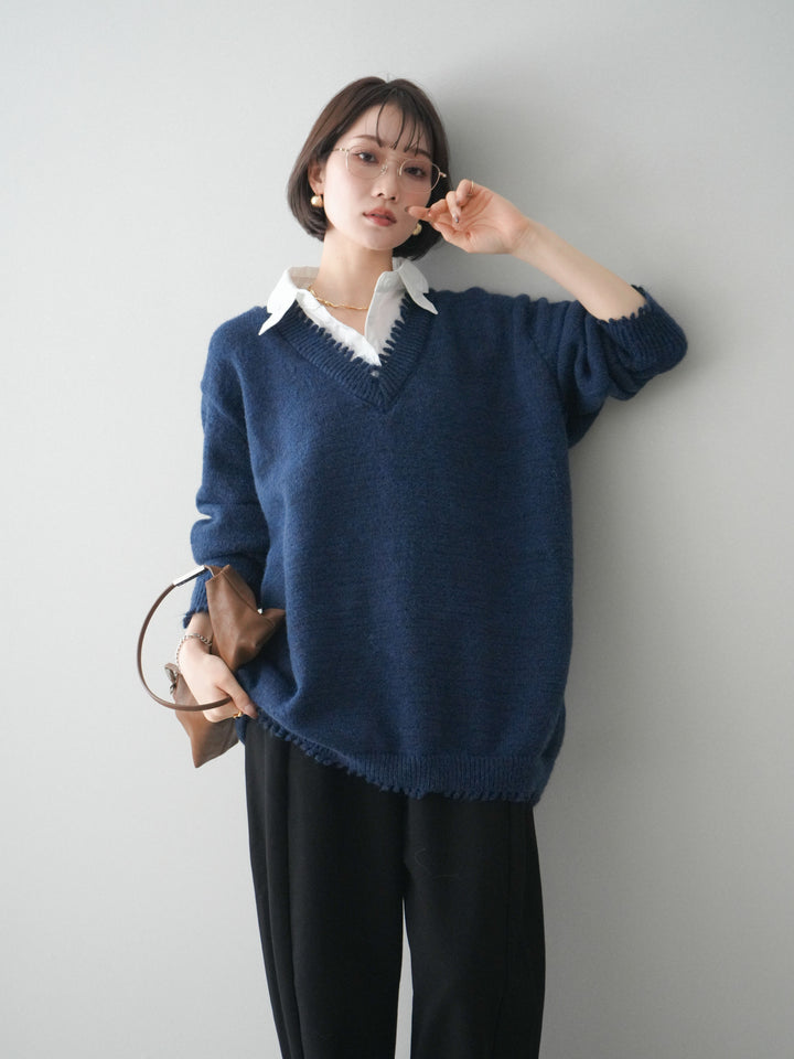 [予約]シャツドッキングVネックフリンジニットプルオーバー/navy