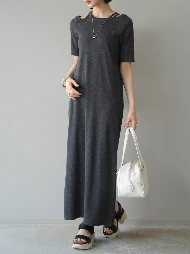 [予約]デザインネックカットリブワンピース/チャコール