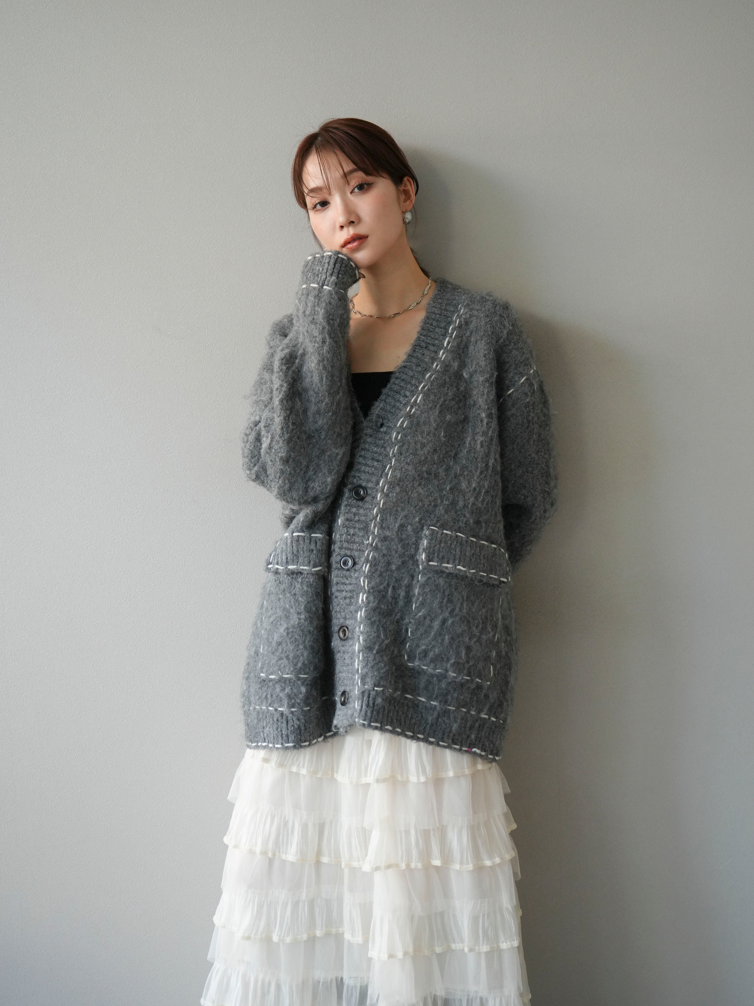 予約]ステッチVネックニットカーディガン/グレー – Lumier