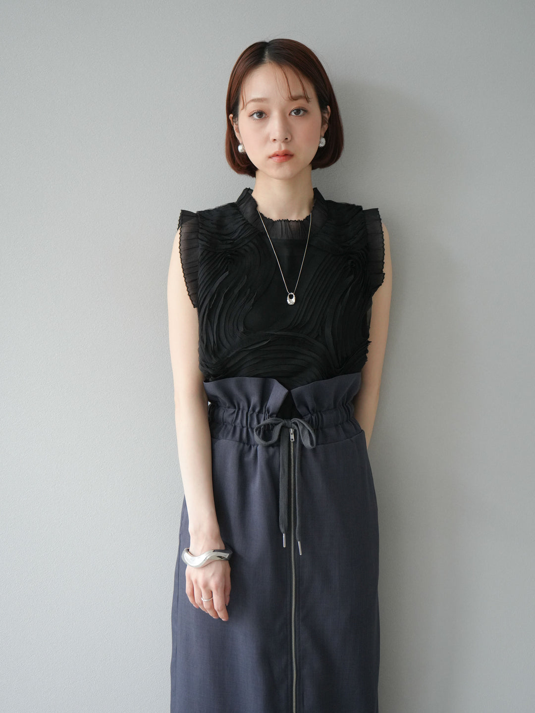 [SET]チュールジャガードノースリブラウス+ヘザーエステルギャザージップスカート(2set)