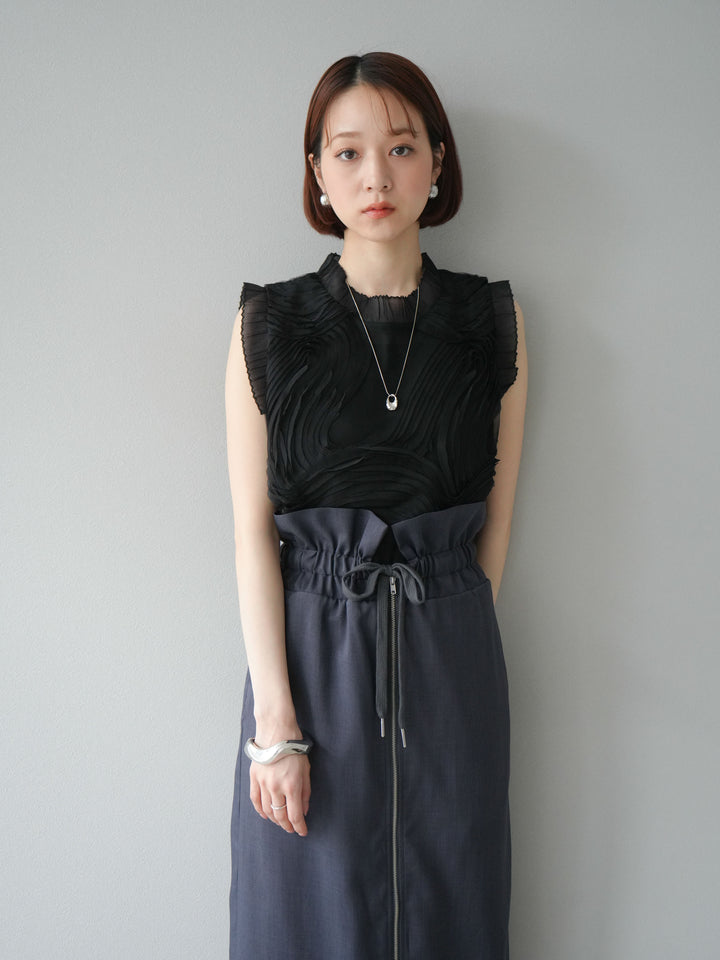 [SET]チュールジャガードノースリブラウス+ヘザーエステルギャザージップスカート(2set)