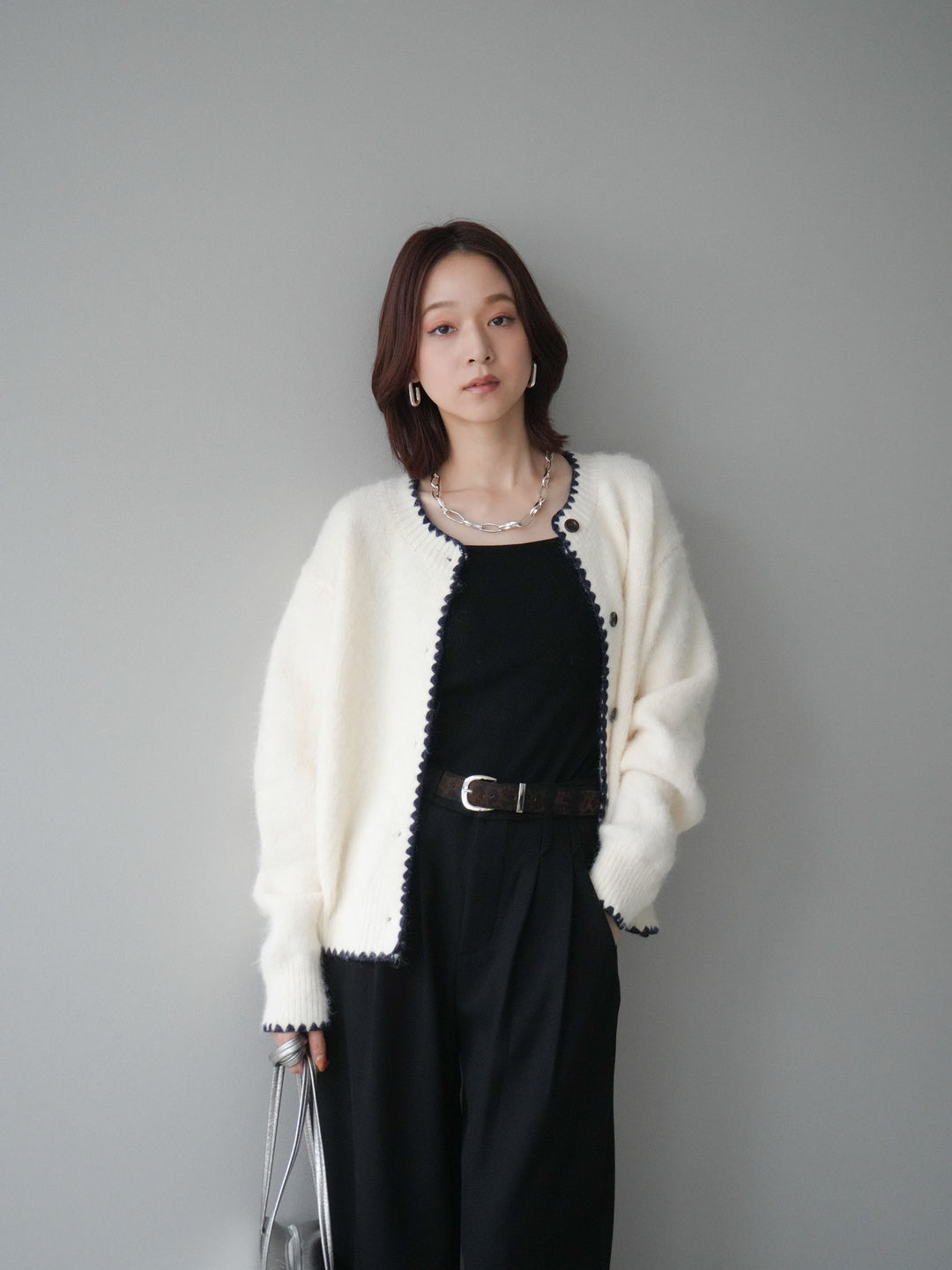 [SET]三角ステッチニットカーディガン+アニマル柄ベルト付きウールタッチワイドパンツ(2set)