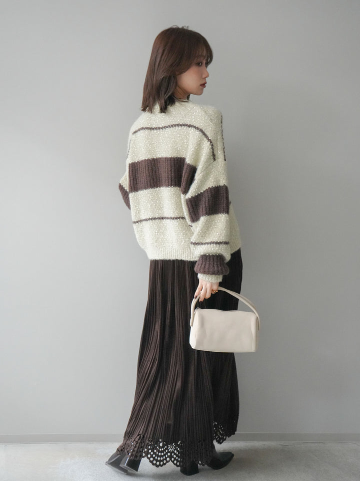 [SET]ネップヤーンボーダーニットプルオーバー+パンチングデザインスエードプリーツスカート(2set)