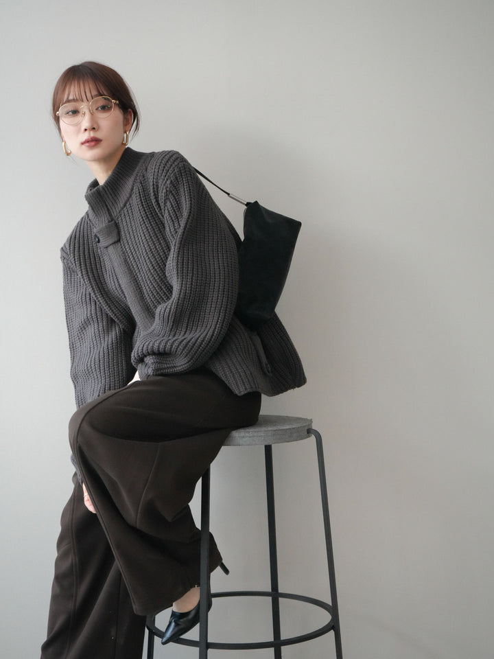 [SET]畦編みボトルネックZIPニットカーディガン+選べるアクセセット(2set)