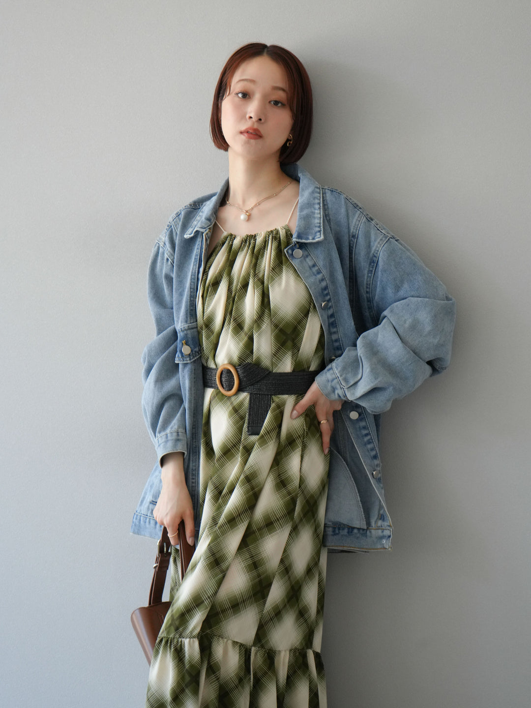 [SET]ベルト付チェックノースリーブワンピース+ビンテージデザインBIGデニムジャケット(2set)