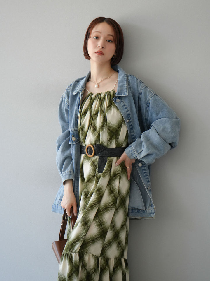 [SET]ベルト付チェックノースリーブワンピース+ビンテージデザインBIGデニムジャケット(2set)