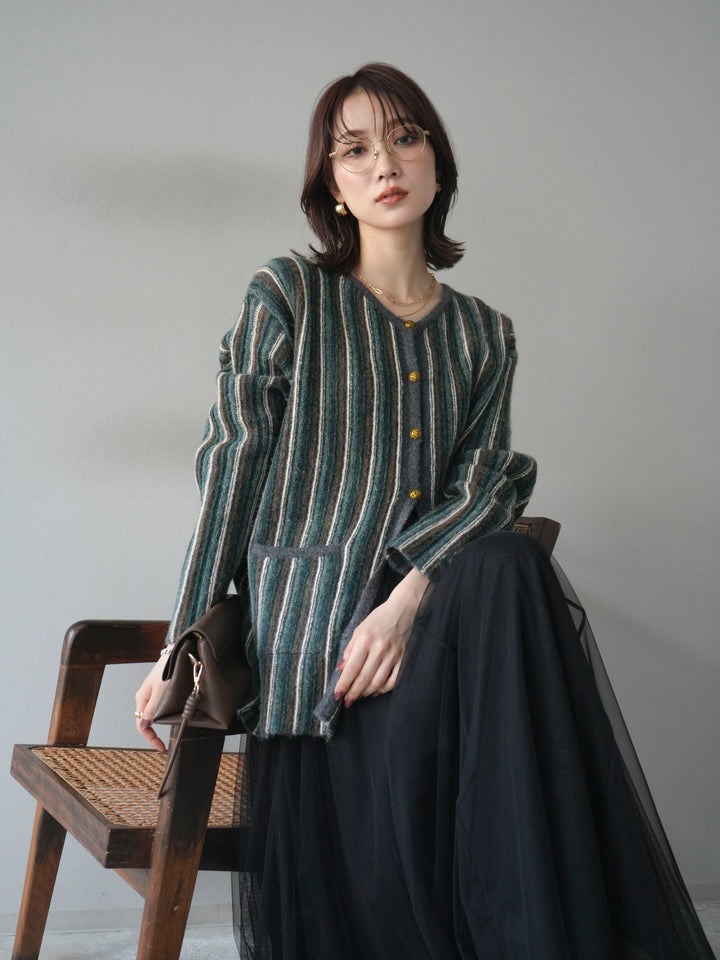 [予約]アンティークボタンストライプニットカーディガン/charcoal