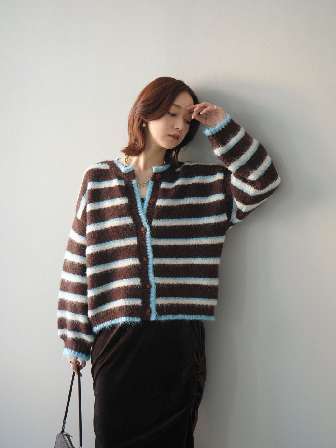 [予約]ウールタッチ配色ボーダーニットカーディガン/brown