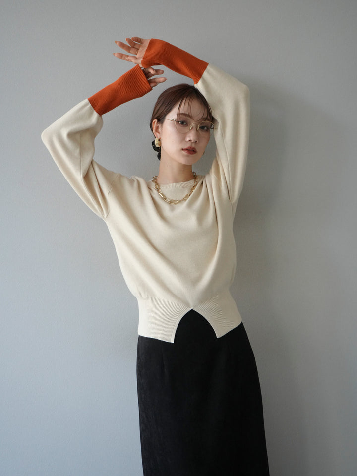 [予約]袖配色フロントスリットニットプルオーバー /アイボリー