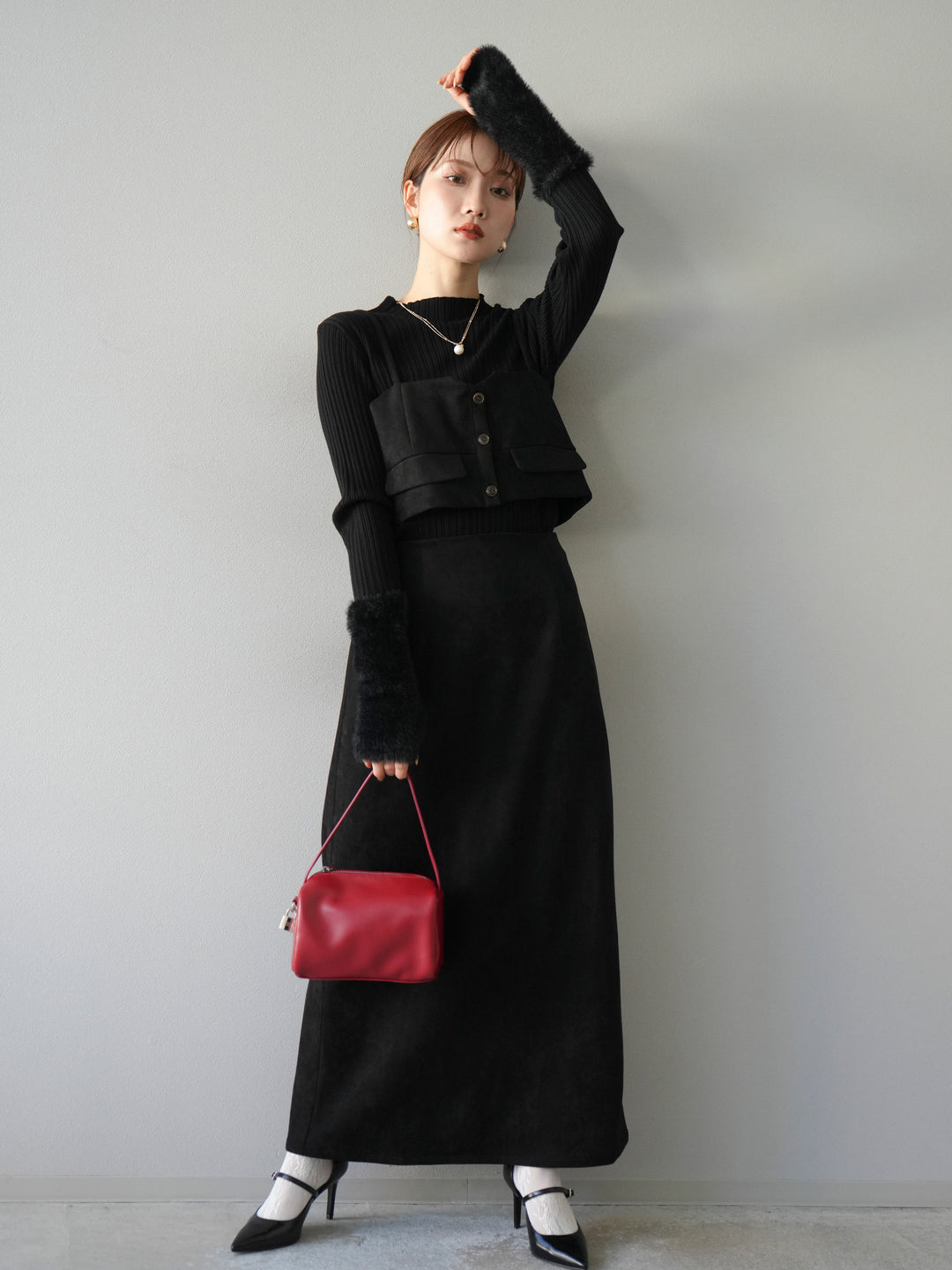 [予約]アームシャギーランダムリブニットトップス/ブラック