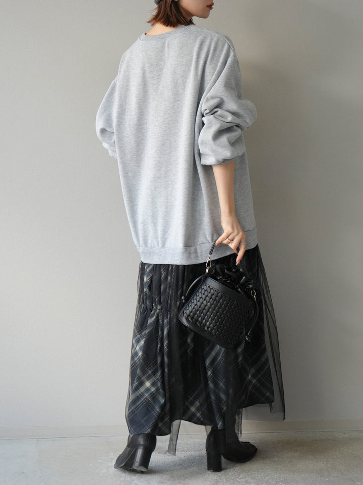 [予約]スウェットドッキングチェック柄レイヤードワンピース/グレー
