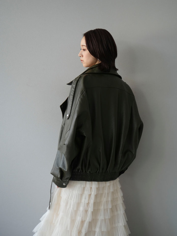 [予約]スタンドカラーフェイクレザーブルゾン/カーキ