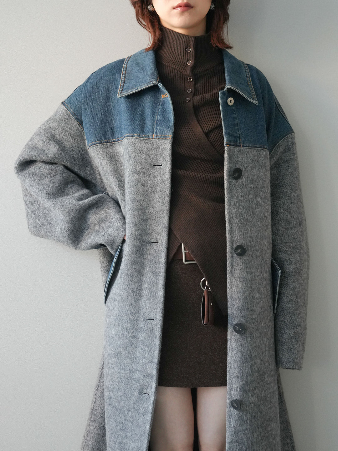[SET]デニム切替シャギーステンカラーコート+ウールタッチベルト付ミニスカート(2set)