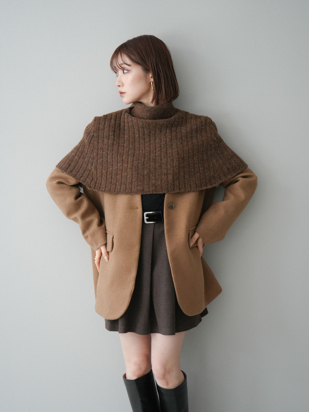 [20%オフ]ケープ付ノーカラージャケット/brown