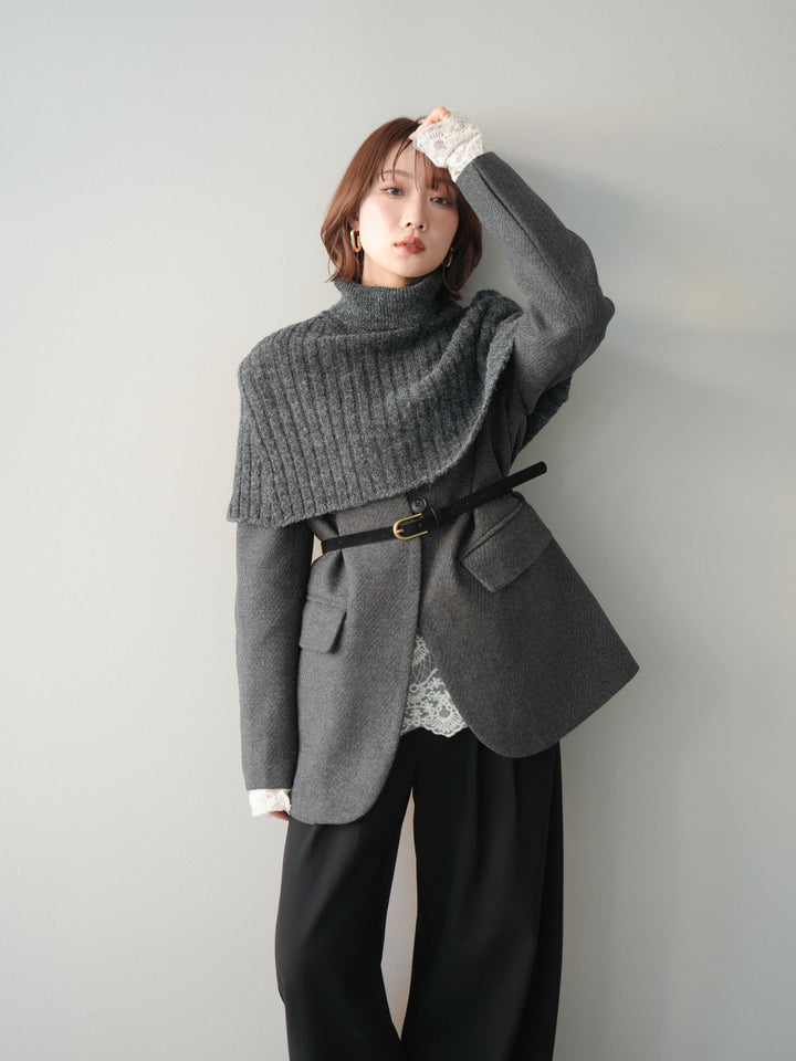 [20%オフ]ケープ付ノーカラージャケット/charcoal