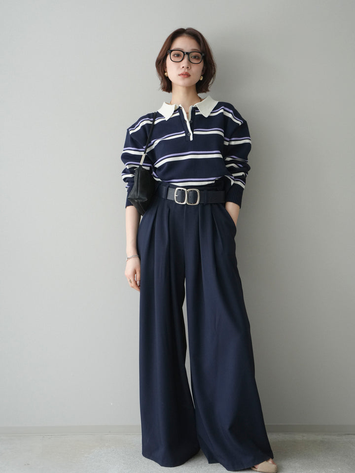 [予約]マルチボーダーポロニットトップス/navy