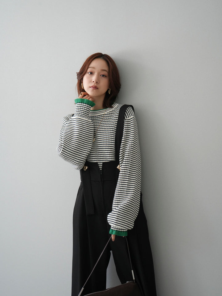 [SET]ラメ異素材ボーダーリブニットプルオーバー+ゴールドボタンサスペンダーワイドパンツ(2set)