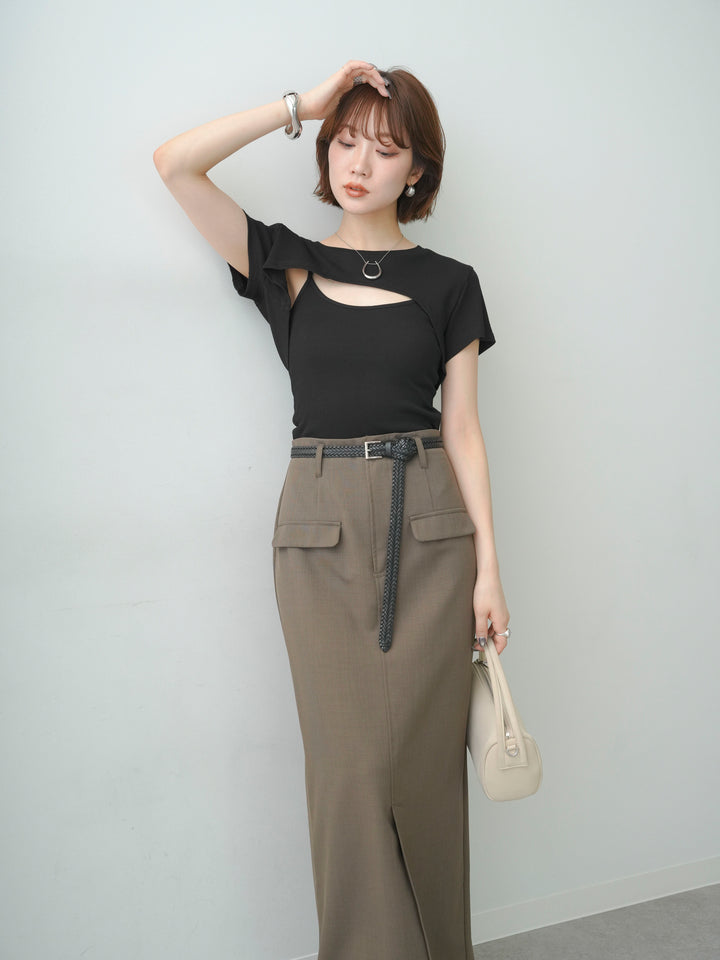[SET]フロントオープンレイヤードトップスセット+クレープデシンフラップ付きストレートスカート(2set)