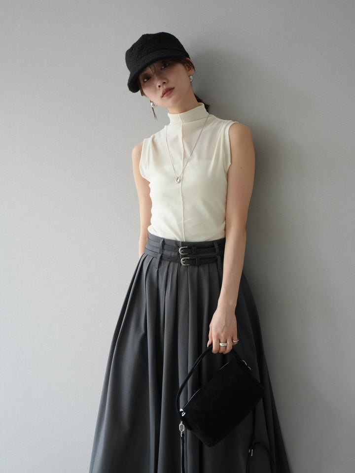 [SET]シアーベロアプチネックノースリーブトップス+エステルプリーツスリットスカート(2set)