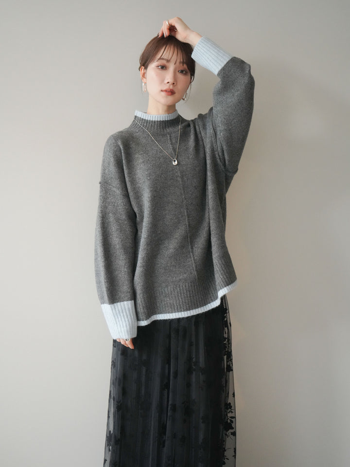 [SET]配色ハイネックニットプルオーバー+フラワーフロッキーチュールプリーツスカート(2set)