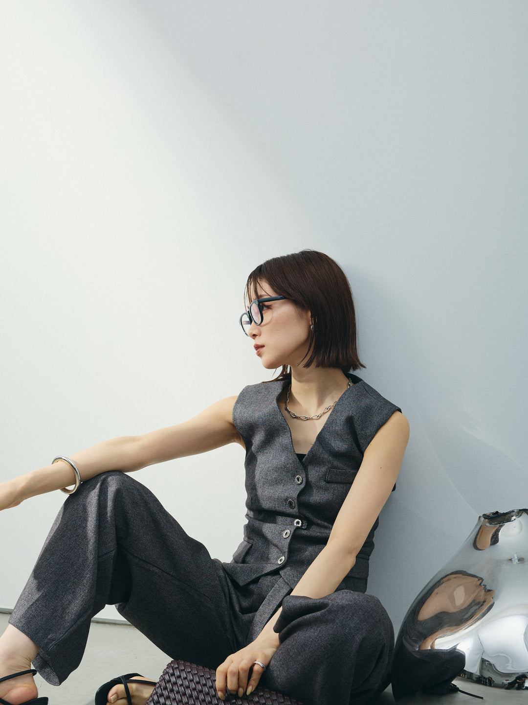 [SET]フラワーモチーフレースアップジレ＆ベルト付ワイドパンツSET UP(2set)