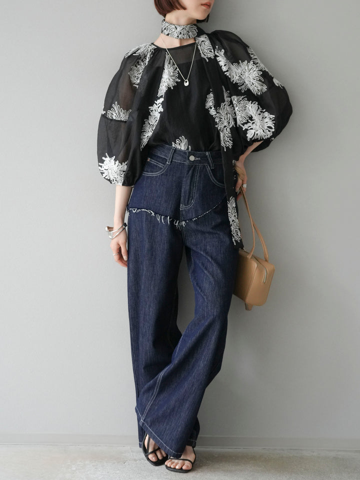 [予約]刺繍シアーバルーンスリーブブラウス/ブラック