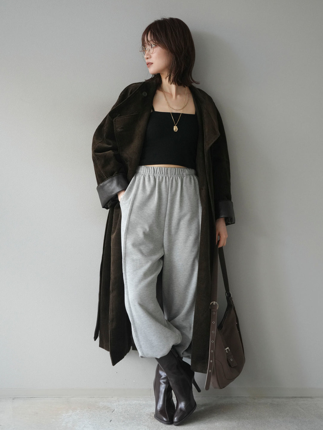 [予約]コーデュロイ折り返しレザーロングコート/khaki