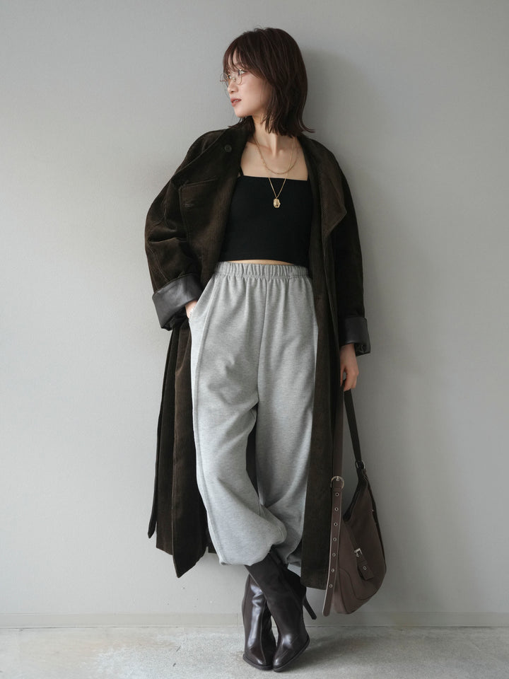 [予約]コーデュロイ折り返しレザーロングコート/khaki
