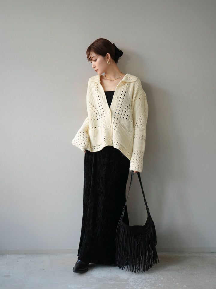 [予約]丸襟透かし編みニットカーディガン/オフ