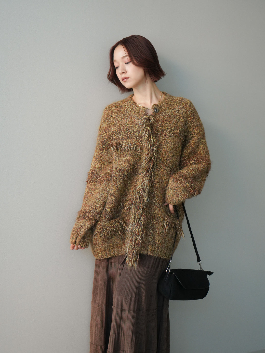 [SET]ミックスヤーンフリンジデザインニットジャケット+型押しスエードティアードプリーツスカート(2set)