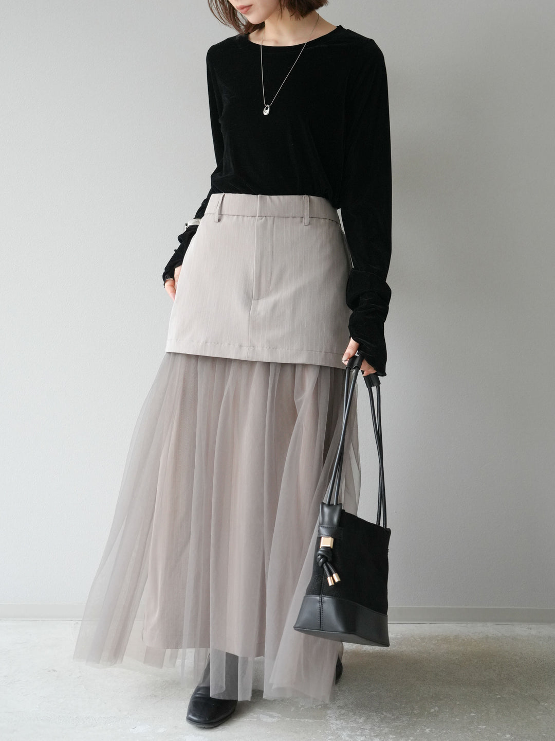 [予約]ストライプ切替チュールスカート/ベージュ