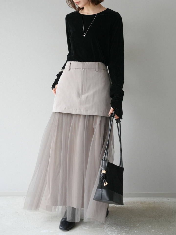 [予約]ストライプ切替チュールスカート/ベージュ