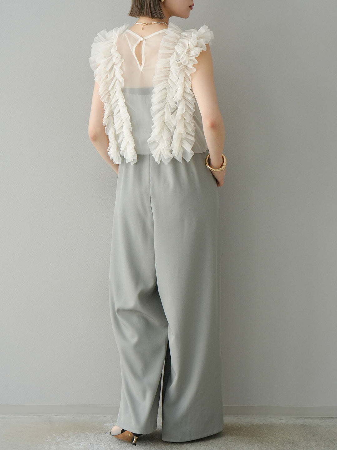 [預訂] 薄紗荷葉邊背心 x 連身套裝/灰色