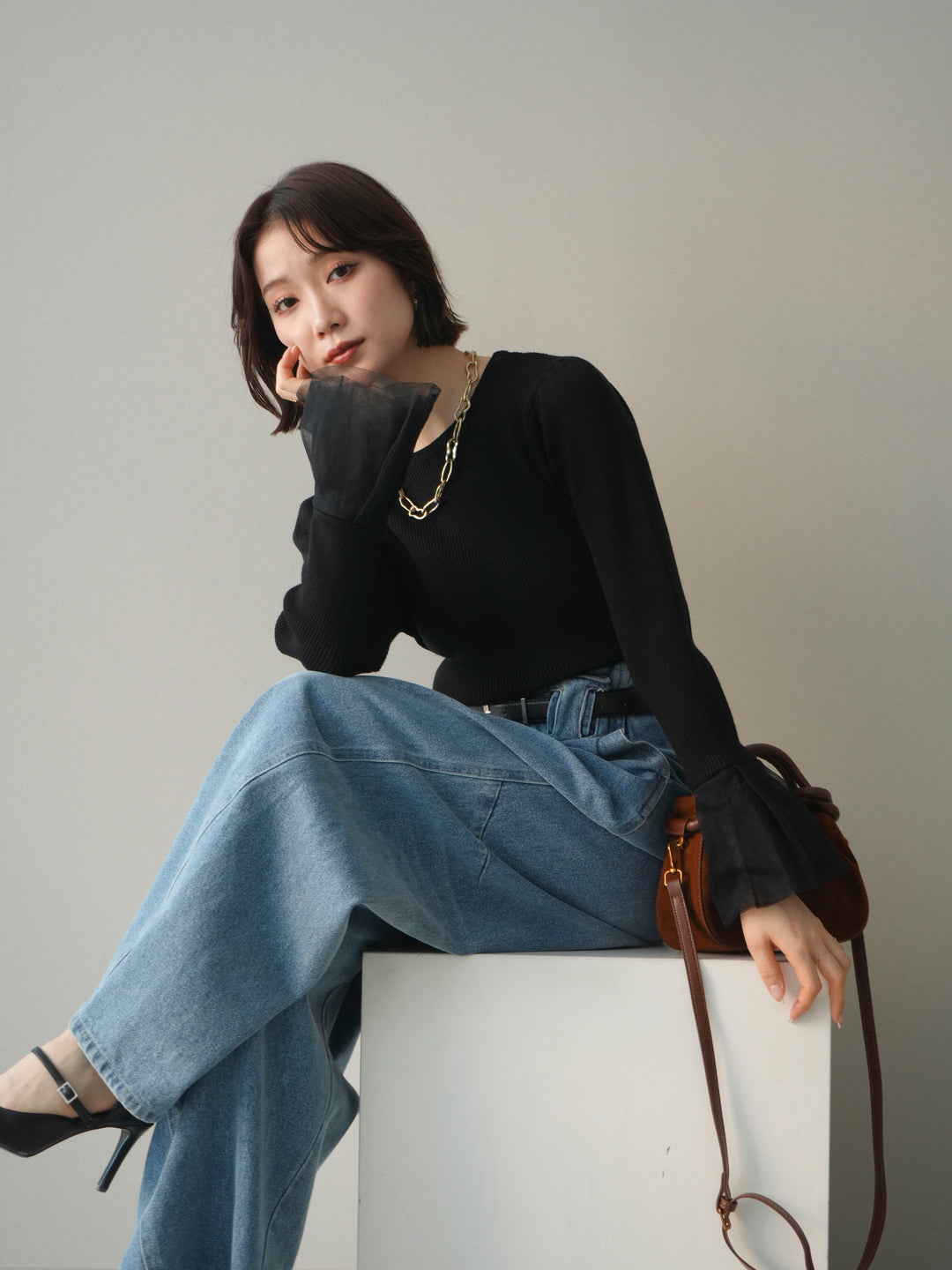 [SET]袖チュールパワショルリブニットトップス+選べるアクセセット(2set)